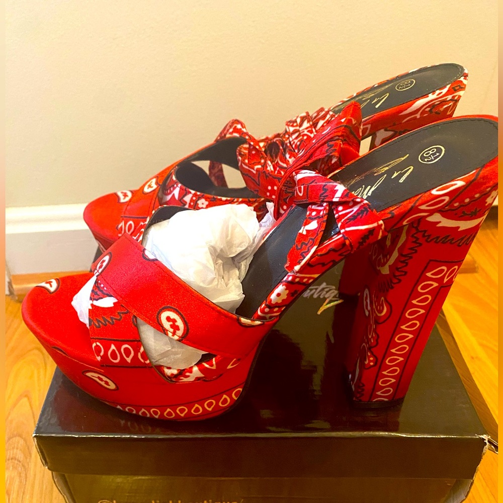 Red Bandana Print Platform Heel Sandals